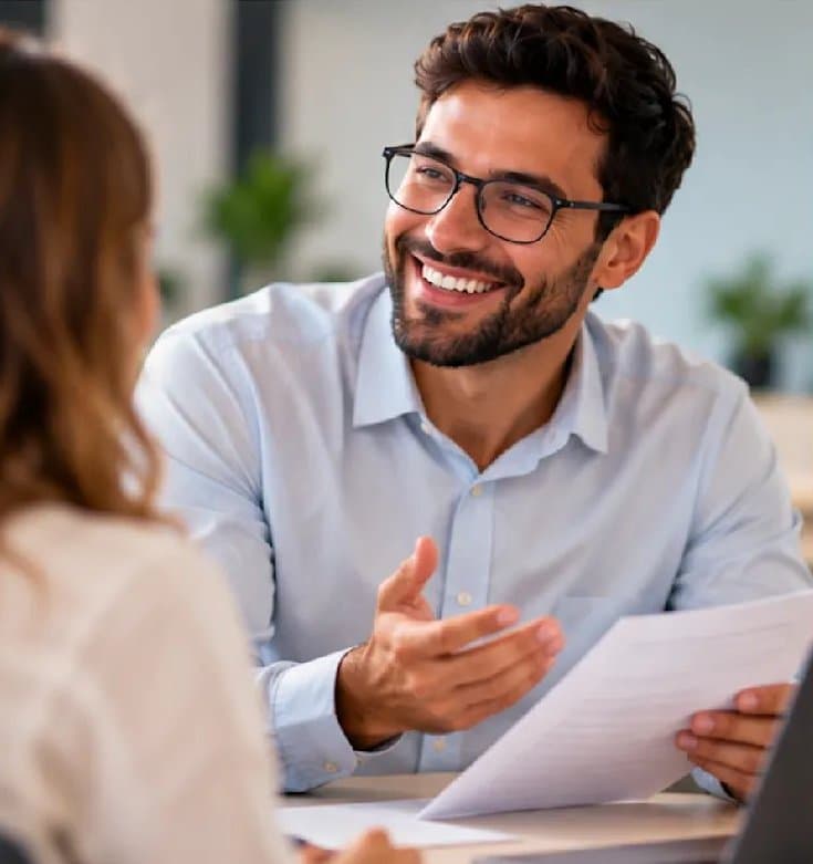 A smiling licensed agent going over options with a client