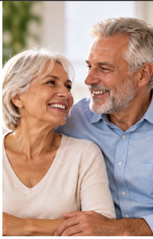 A happy older couple smiling at each other