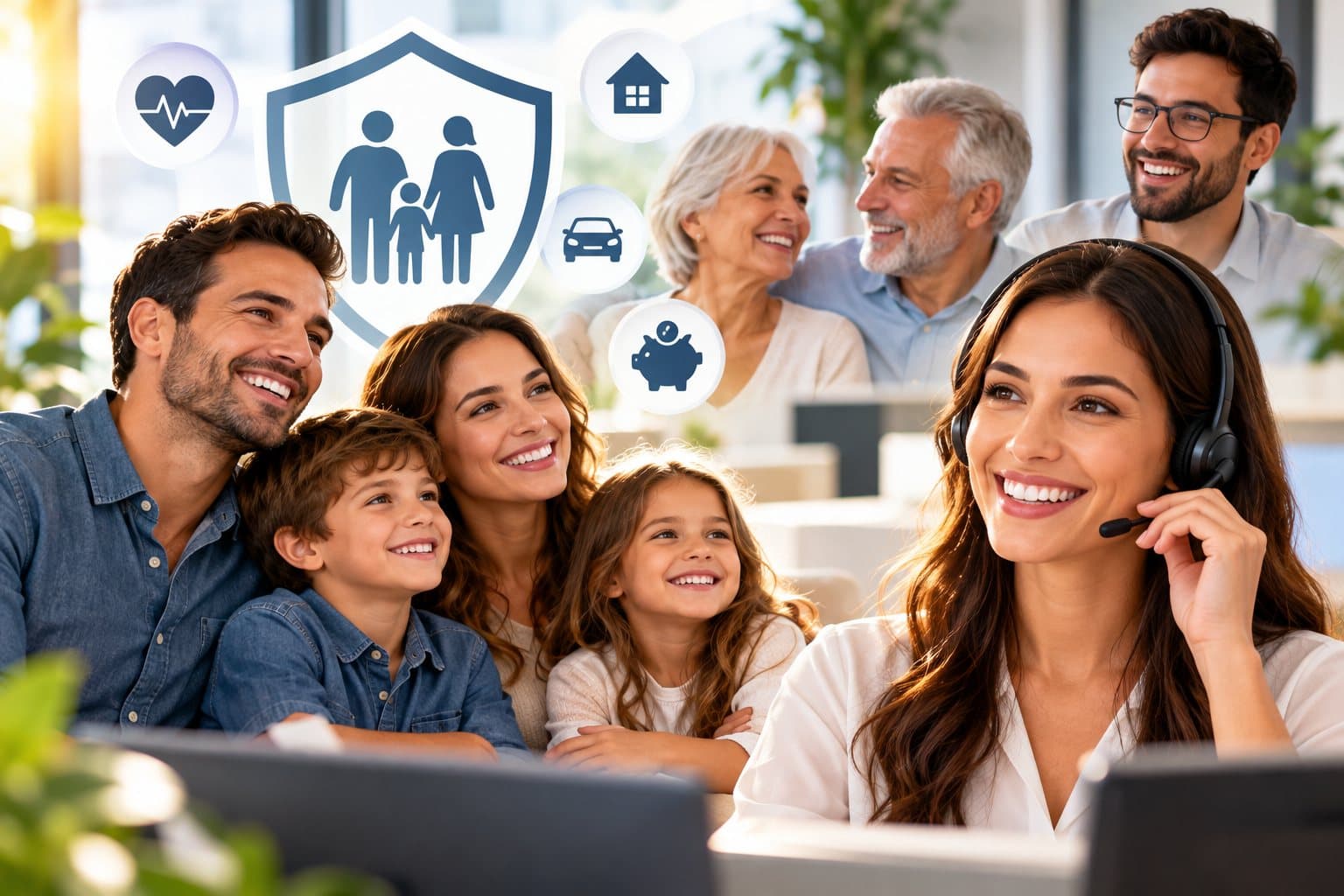 A support agent on a headset with families in the background