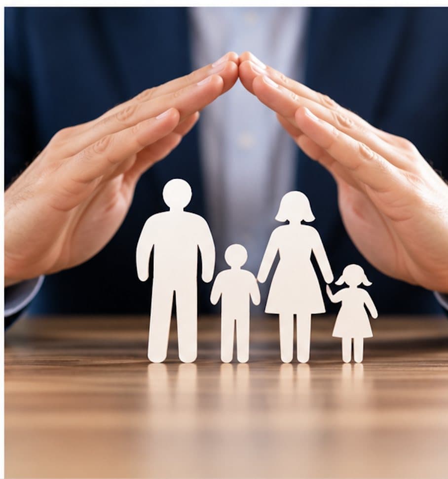 Two hands sheltering a paper cut-out family